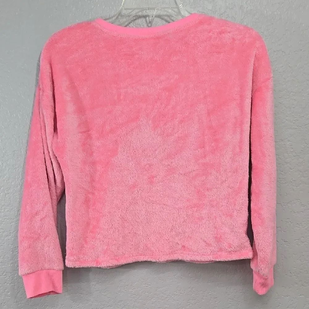 Justice Girls Pink Fuzzy Plush Sweater Dream All Day Silver Graphic Size 10 Top